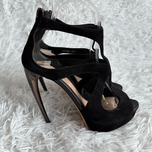 Alexander McQueen Black Suede Strappy Platform Sandals with Horn Heel Size 37.5 - Picture 2 of 11